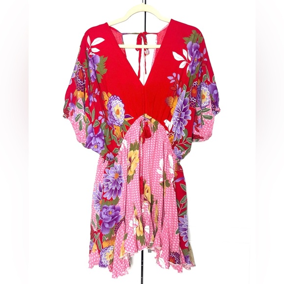 Aakaa Floral Ruffle Hem Mini Dress | Size M | Red + Pink - Picture 5 of 5